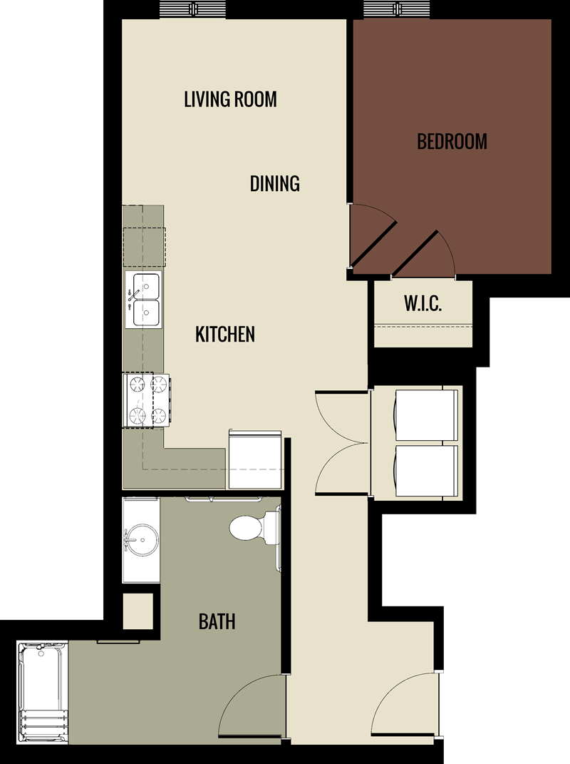 1x1 531-635 square foot floor plan at Historic Walnut Square in Terre Haute, IN